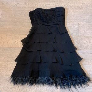 BCBG Black 🖤 Ostrich Feather Plume Trim Bandeau Top Tiered Ruched Silk Dress 🖤